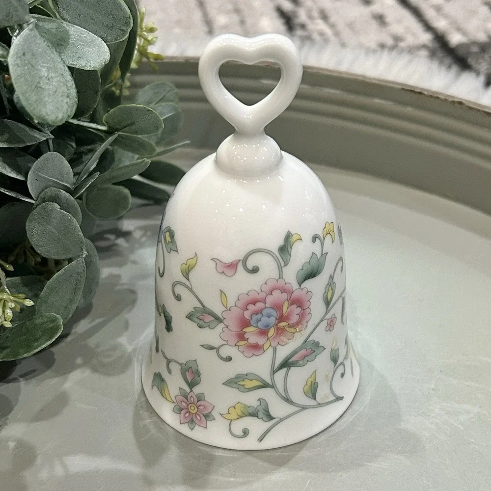 Vintage HTF Porcelain Bell With Floral Design And Heart Handle Beautiful Chime